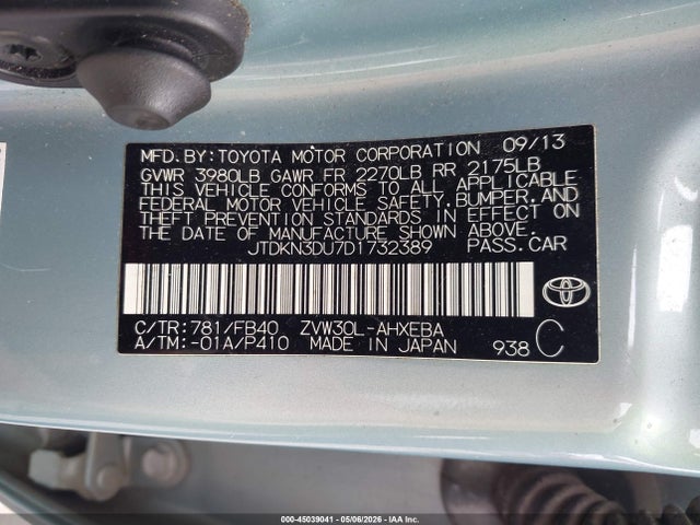 45039041 :رقم المزاد ، JTDKN3DU7D1732389 vin ، 2013 Toyota Prius Two مزاد بيع
