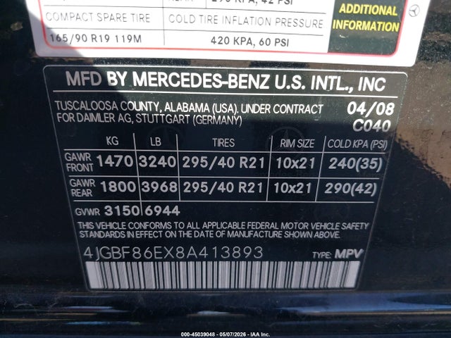 Продажа на аукционе авто 2008 Mercedes-benz Gl 550 4matic, vin: 4JGBF86EX8A413893, номер лота: 45039048