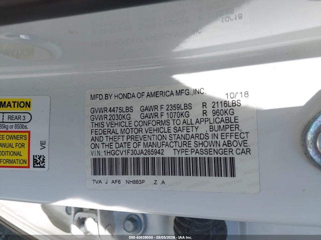 45039050 :رقم المزاد ، 1HGCV1F30JA265942 vin ، 2018 Honda Accord Sport مزاد بيع