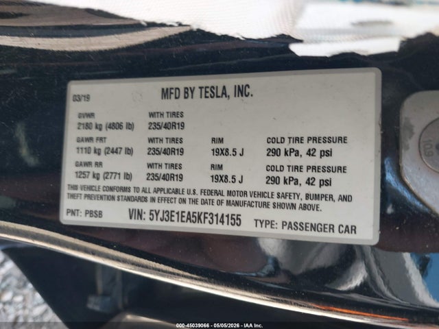 Aukcja sprzedaży 2019 Tesla Model 3 Long Range/mid Range/standard Range/standard Range Plus, vin: 5YJ3E1EA5KF314155, numer aukcji: 45039066