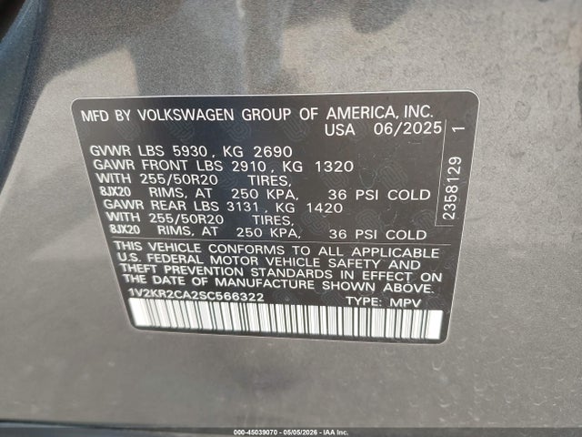Продаж на аукціоні авто 2025 Volkswagen Atlas 2.0t Se W/technology, vin: 1V2KR2CA2SC566322, номер лоту: 45039070