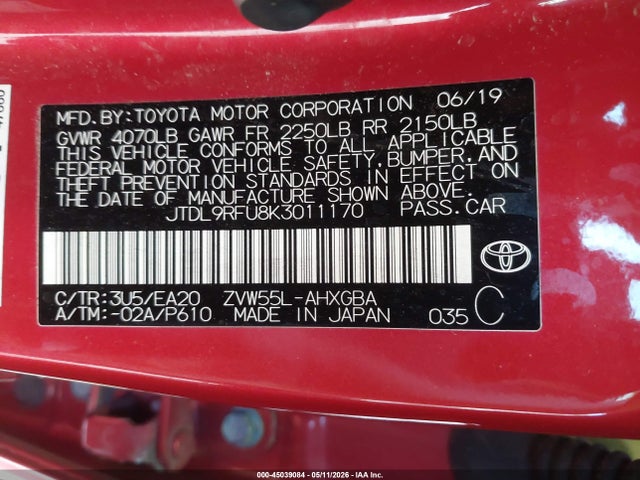 Продаж на аукціоні авто 2019 Toyota Prius Xle, vin: JTDL9RFU8K3011170, номер лоту: 45039084