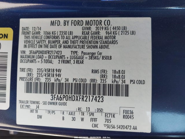 Aukcja sprzedaży 2015 Ford Fusion Se, vin: 3FA6P0HDXFR217423, numer aukcji: 45039088