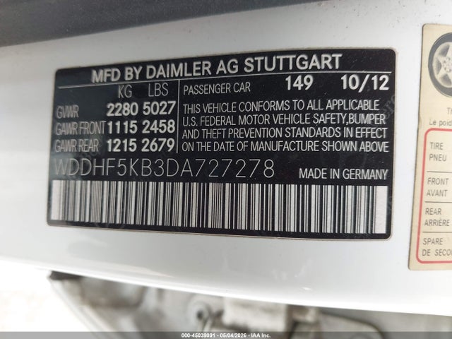 45039091 :رقم المزاد ، WDDHF5KB3DA727278 vin ، 2013 Mercedes-benz E 350 مزاد بيع