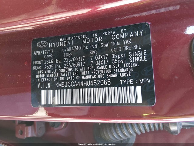 45039094 :رقم المزاد ، KM8J3CA44HU482065 vin ، 2017 Hyundai Tucson Se مزاد بيع