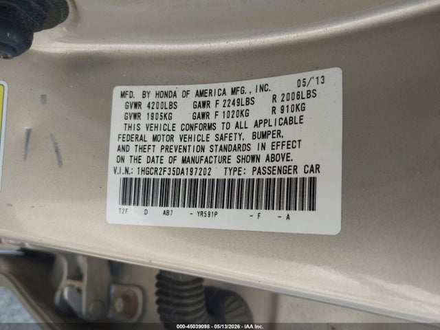 Aukcja sprzedaży 2013 Honda Accord Lx, vin: 1HGCR2F35DA197202, numer aukcji: 45039098