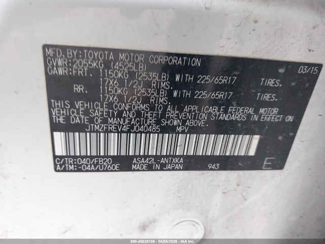 JTMZFREV4FJ040485 Toyota RAV4 LE