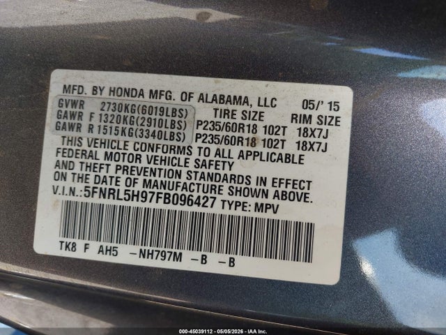 5FNRL5H97FB096427 Honda Odyssey Touring/touring Elite