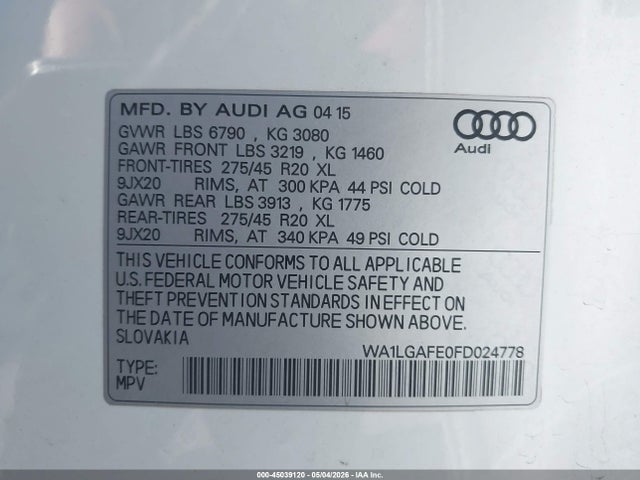 Aukcja sprzedaży 2015 Audi Q7 3.0t Premium, vin: WA1LGAFE0FD024778, numer aukcji: 45039120
