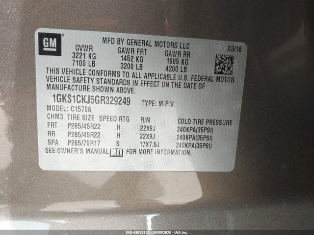 2016 Gmc Yukon Denali მანქანა იყიდება აუქციონზე, vin: 1GKS1CKJ5GR329249, აუქციონის ნომერი: 45039123