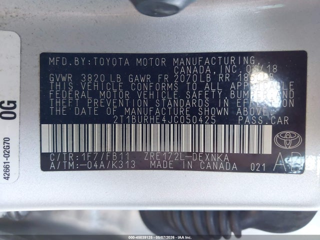 45039125 :رقم المزاد ، 2T1BURHE4JC050425 vin ، 2018 Toyota Corolla Le مزاد بيع