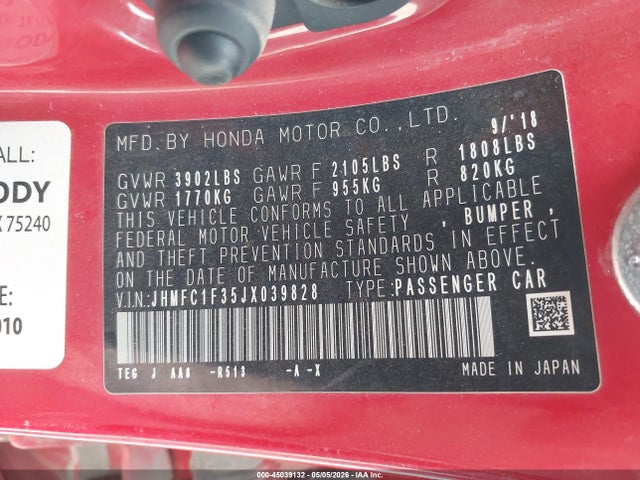 Aukcja sprzedaży 2018 Honda Civic Ex-t, vin: JHMFC1F35JX039828, numer aukcji: 45039132