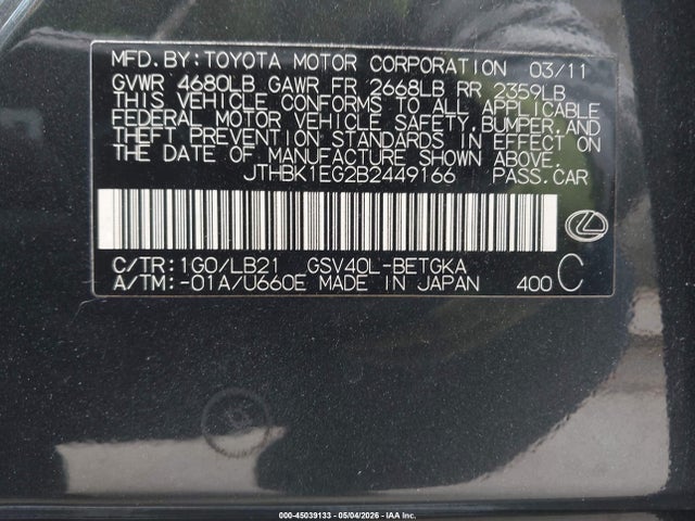 Продажа на аукционе авто 2011 Lexus Es 350, vin: JTHBK1EG2B2449166, номер лота: 45039133