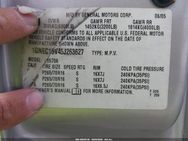 Aukcja sprzedaży 2005 Chevrolet Tahoe Ls, vin: 1GNEC13V45J263627, numer aukcji: 45039139