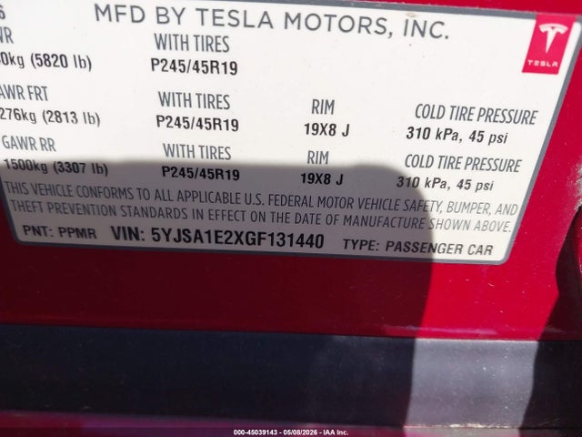 2016 Tesla Model S 60d/70d/75d/85d/90d მანქანა იყიდება აუქციონზე, vin: 5YJSA1E2XGF131440, აუქციონის ნომერი: 45039143