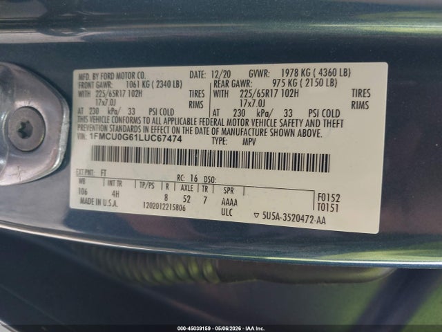 Aukcja sprzedaży 2020 Ford Escape Se, vin: 1FMCU0G61LUC67474, numer aukcji: 45039159