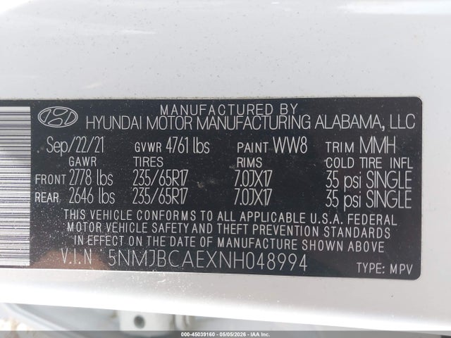 45039160 :رقم المزاد ، 5NMJBCAEXNH048994 vin ، 2022 Hyundai Tucson Sel مزاد بيع