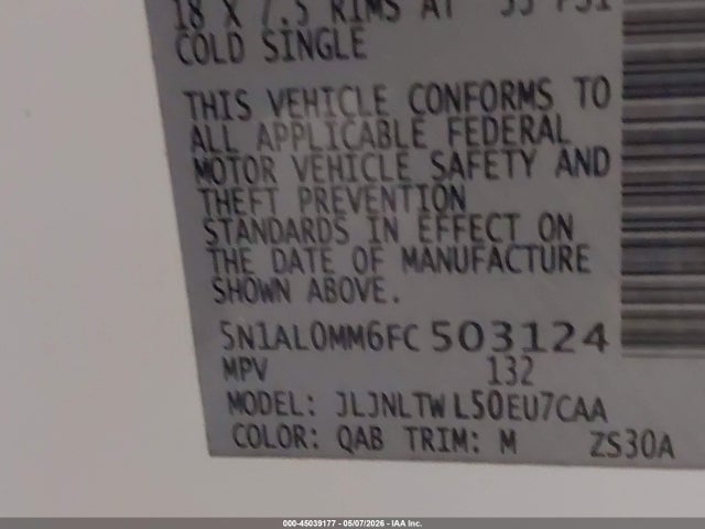45039177 :رقم المزاد ، 5N1AL0MM6FC503124 vin ، 2015 Infiniti Qx60 مزاد بيع