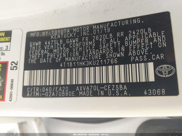 45039199 :رقم المزاد ، 4T1B11HK3KU211766 vin ، 2019 Toyota Camry Se مزاد بيع