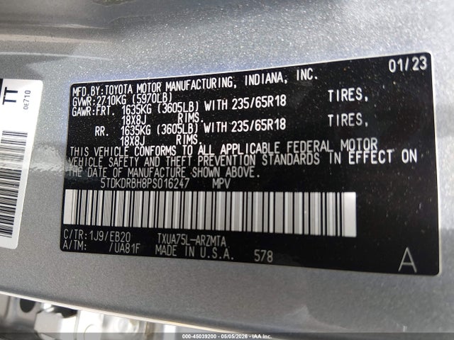 45039200 :رقم المزاد ، 5TDKDRBH8PS016247 vin ، 2023 Toyota Highlander Xle مزاد بيع