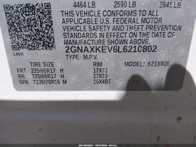 Aukcja sprzedaży 2020 Chevrolet Equinox Fwd Lt 1.5l Turbo, vin: 2GNAXKEV6L6210802, numer aukcji: 45039201