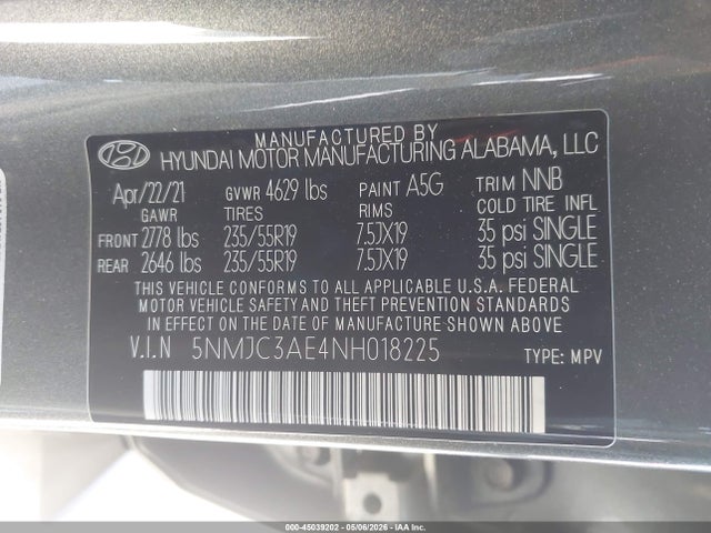 2022 Hyundai Tucson Sel მანქანა იყიდება აუქციონზე, vin: 5NMJC3AE4NH018225, აუქციონის ნომერი: 45039202