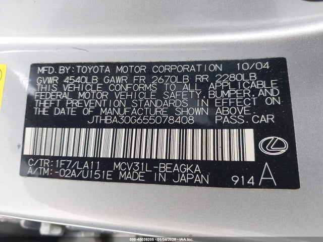 Aukcja sprzedaży 2005 Lexus Es 330, vin: JTHBA30G655078408, numer aukcji: 45039205