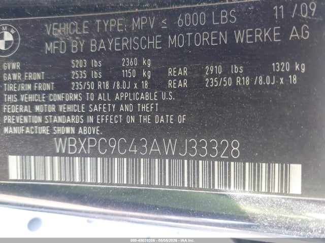 45039206 :رقم المزاد ، WBXPC9C43AWJ33328 vin ، 2010 Bmw X3 Xdrive30i مزاد بيع