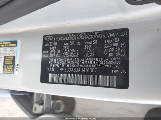 2010 Hyundai Santa Fe Gls მანქანა იყიდება აუქციონზე, vin: 5NMSGDAB3AH416007, აუქციონის ნომერი: 45039214