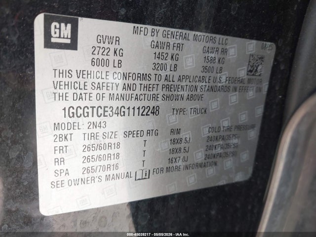 Aukcja sprzedaży 2016 Chevrolet Colorado Lt, vin: 1GCGTCE34G1112248, numer aukcji: 45039217