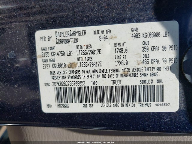 Продаж на аукціоні авто 2005 Dodge Ram 2500 Slt/laramie, vin: 3D7KR28C75G708053, номер лоту: 45039221