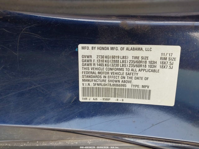 Aukcja sprzedaży 2018 Honda Odyssey Ex-l, vin: 5FNRL6H78JB066995, numer aukcji: 45039229