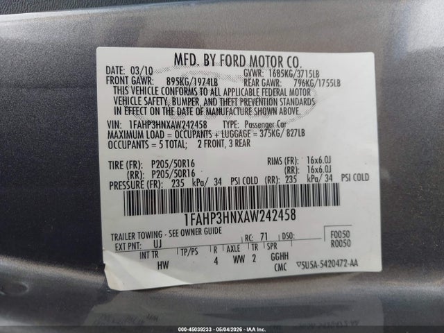 45039233 :رقم المزاد ، 1FAHP3HNXAW242458 vin ، 2010 Ford Focus Sel مزاد بيع