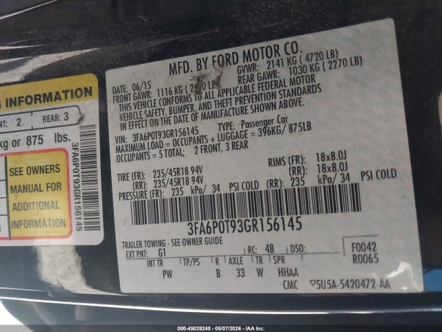 Aukcja sprzedaży 2016 Ford Fusion Se, vin: 3FA6P0T93GR156145, numer aukcji: 45039240