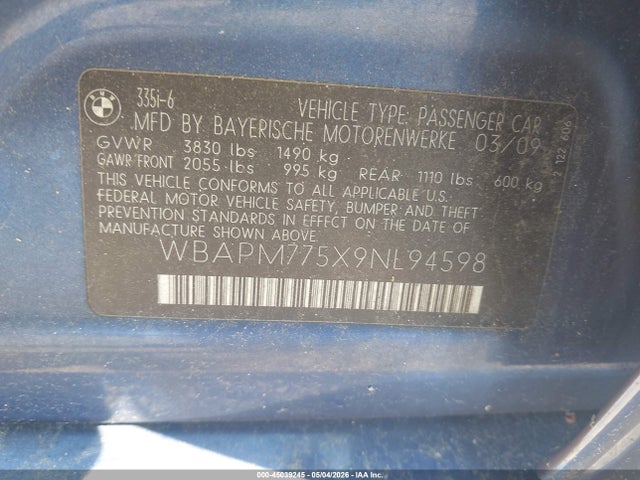 45039245 :رقم المزاد ، WBAPM775X9NL94598 vin ، 2009 Bmw 335i مزاد بيع