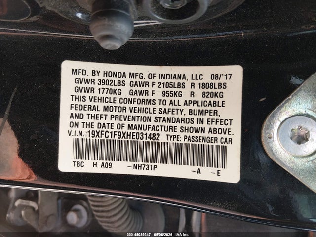 2017 Honda Civic Touring მანქანა იყიდება აუქციონზე, vin: 19XFC1F9XHE031482, აუქციონის ნომერი: 45039247
