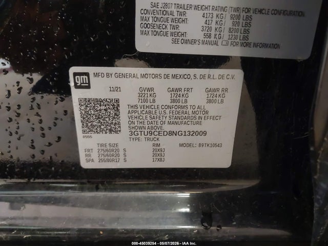 45039254 :رقم المزاد ، 3GTU9CED8NG132009 vin ، 2022 Gmc Sierra 1500 Limited 4wd  Short Box Elevation مزاد بيع