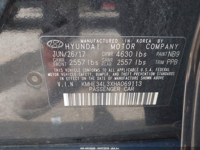 Продаж на аукціоні авто 2017 Hyundai Sonata Hybrid Limited, vin: KMHE34L3XHA069113, номер лоту: 45039259