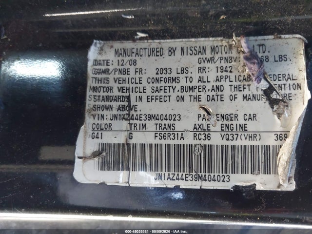 2009 Nissan 370z მანქანა იყიდება აუქციონზე, vin: JN1AZ44E39M404023, აუქციონის ნომერი: 45039261