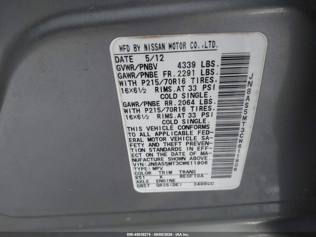 Aukcja sprzedaży 2012 Nissan Rogue S, vin: JN8AS5MT3CW611906, numer aukcji: 45039275