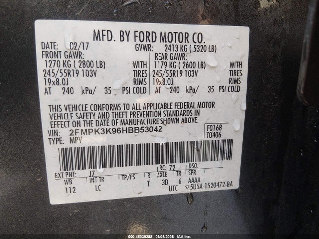 2017 Ford Edge Titanium მანქანა იყიდება აუქციონზე, vin: 2FMPK3K96HBB53042, აუქციონის ნომერი: 45039288