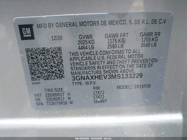 Auction sale of the 2021 Chevrolet Equinox Fwd Ls, vin: 3GNAXHEV3MS133229, lot number: 45039290