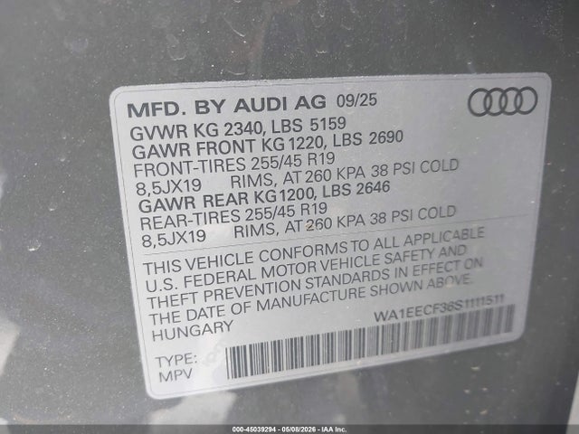 Продаж на аукціоні авто 2025 Audi Q3 Premium 45 Tfsi S Line Quattro Tiptronic, vin: WA1EECF36S1111511, номер лоту: 45039294