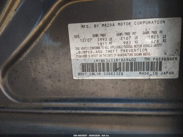 Aukcja sprzedaży 2008 Mazda Mazda3 S Sport, vin: JM1BK343381869402, numer aukcji: 45039297