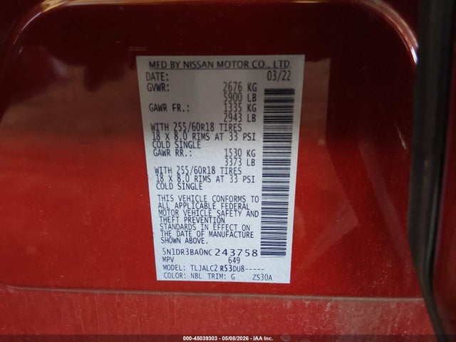 Nissan Pathfinder Sv 2wd 2022 5N1DR3BA0NC243758 Image 9