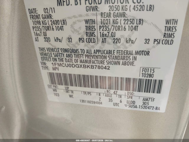 45039307 :رقم المزاد ، 1FMCU0DGXBKB78042 vin ، 2011 Ford Escape Xlt مزاد بيع