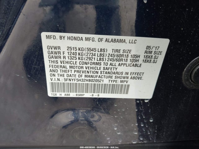 45039308 :رقم المزاد ، 5FNYF5H32HB020521 vin ، 2017 Honda Pilot Ex مزاد بيع
