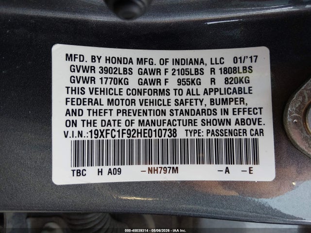 45039314 :رقم المزاد ، 19XFC1F92HE010738 vin ، 2017 Honda Civic Touring مزاد بيع