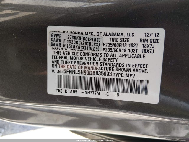 Aukcja sprzedaży 2013 Honda Odyssey Touring/touring Elite, vin: 5FNRL5H90DB035093, numer aukcji: 45039319