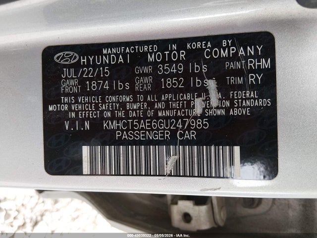 Aukcja sprzedaży 2016 Hyundai Accent Se, vin: KMHCT5AE6GU247985, numer aukcji: 45039322
